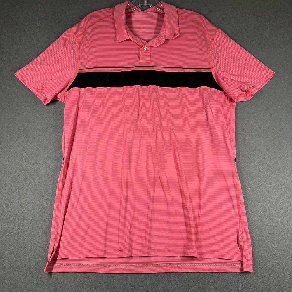 Lululemon Polo Shirt Mens XL Pink Striped Black Panel Golf Performance Athletic